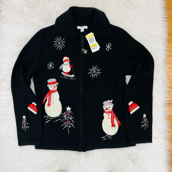 NWT Charter Club Christmas Snowman Full Zip Wool Cardigan Jacket Size M - Picture 1 of 16